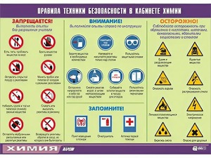 Таблица демонстрационная "Правила техники безопасности в кабинете химии" (винил 100х140) - fgospostavki.ru - Саратов
